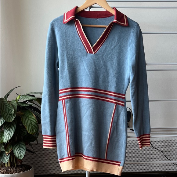 Blue V-Neck Sweater Dress with Red and Cream Accents - Picture 2 of 2